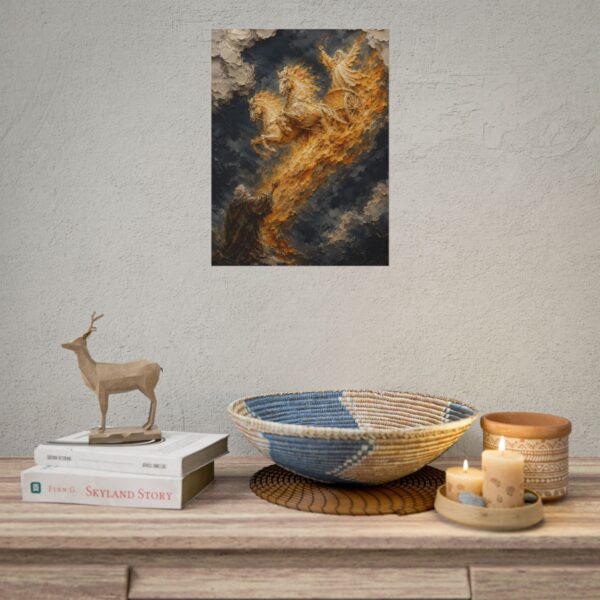 Elijah Chariot of Fire Poster | Modern Charcoal & Gold Christian Wall Art, Textured Palette Knife Plaster Print, Old Testament Miracle Decor