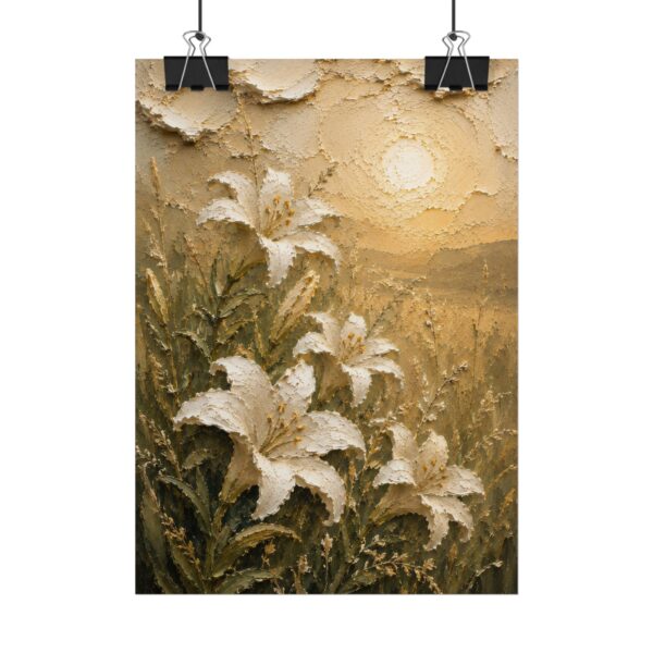 Consider the Lilies Scripture Poster | Matthew 6:28 Christian Wall Art | Modern Sage Green Impasto Print, Textured Palette Knife Wildflower