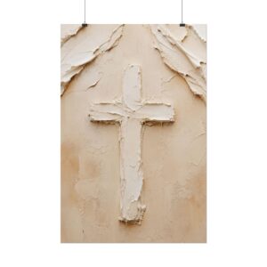 Modern Abstract Cross Impasto Poster | Minimalist Christian Wall Art | Textured Palette Knife Plaster Print | Neutral Beige Faith Home Decor