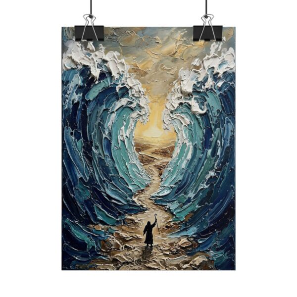 13879258174722640879_2048.jpeg Parting of the Red Sea Poster | Moses Exodus Christian Wall Art | Textured Palette Knife Blue & Gold Print | Old Testament Miracle Decor