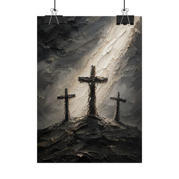 14020605334068147160_2048.jpeg Three Crosses of Calvary Poster | Modern Golgotha Good Friday Wall Art | Textured Charcoal & Gray Impasto Print | Minimalist Cross Decor