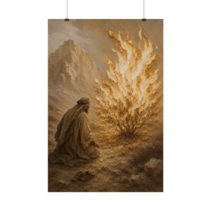 Moses Burning Bush Poster | Modern Neutral Beige Christian Wall Art | Textured Palette Knife Plaster Print | Boho Sand & Gold Faith Decor