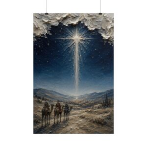 Star of Bethlehem Wise Men Poster | Modern Midnight Blue Nativity Wall Art | Textured Palette Knife Christmas Print | Holiday Faith Decor