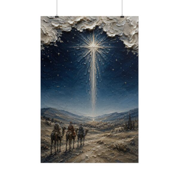 Star of Bethlehem Wise Men Poster | Modern Midnight Blue Nativity Wall Art | Textured Palette Knife Christmas Print | Holiday Faith Decor