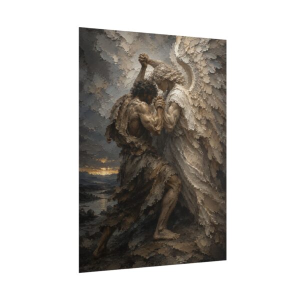 Jacob Wrestling the Angel Poster | Modern Charcoal & Ivory Christian Wall Art | Textured Palette Knife Print | Genesis 32 Biblical Decor