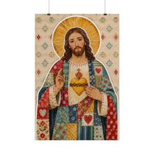 14712522449933897488_2048.jpeg Sacred Heart of Jesus Patchwork Poster, Cottagecore Christian Wall Art, Folk Art Christ Portrait Canvas Print, Whimsical Catholic Decor Gift