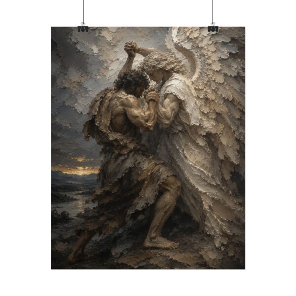 Jacob Wrestling the Angel Poster | Modern Charcoal & Ivory Christian Wall Art | Textured Palette Knife Print | Genesis 32 Biblical Decor