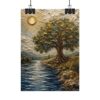Tree of Life Psalm 1 Poster, Deeply Rooted Christian Wall Art, Modern Sage Green & Gold Impasto Print, Textured Palette Knife River Painting