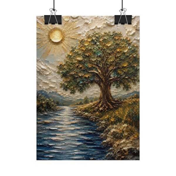 Tree of Life Psalm 1 Poster, Deeply Rooted Christian Wall Art, Modern Sage Green & Gold Impasto Print, Textured Palette Knife River Painting