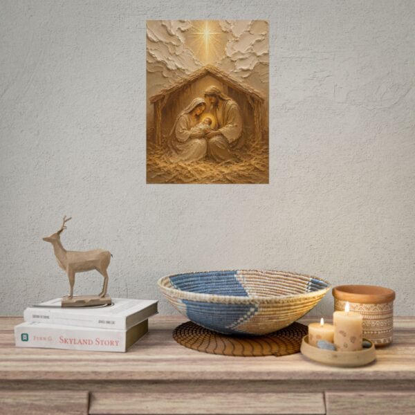 15028991514421839258_2048.jpeg Modern Minimalist Nativity Poster | Christmas Holy Family Wall Art | Textured Palette Knife Plaster Print | Warm Beige & Gold Faith Decor