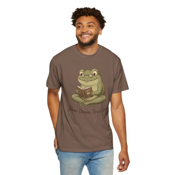 15081871080391710891_2048.jpeg Comfort Colors® Reading Frog Illustration T-Shirt | Slow Down Trust God, Cute Frog Bible Verse