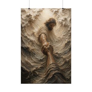 The Reach of Grace Underwater Poster | Jesus Rescuing Hand Christian Art | Textured Palette Knife Storm Print | Neutral Taupe Faith Decor