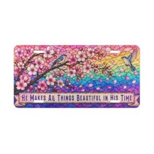 15305294111657199241_2048.jpeg He Makes All Things Beautiful In His Time Vanity Plate | Floral Cherry Blossom Rainbow