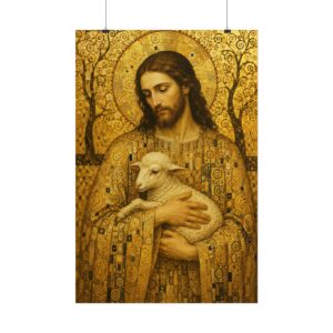Modern Art Nouveau Jesus Painting, Christian Icon Wall Art, Gold Pattern Good Shepherd Poster, Sacred Lamb Art Print, Premium Religious Gift