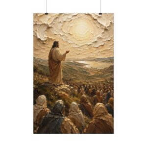 Sermon on the Mount Poster | Modern Sage Green & Gold Christian Wall Art | Palette Knife Plaster Print | Beatitudes Blessings Faith Decor