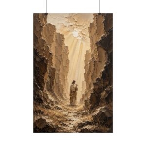 The Rescued Lamb in the Highlands Poster | Lost Sheep Christian Wall Art | Modern Beige & Umber Impasto Print, Jesus and Lamb Poster