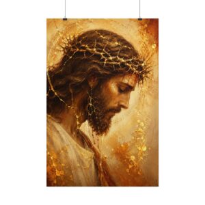 Jesus Crown of Thorns Poster | Gold Leaf Kintsugi Christian Wall Art | Christ Profile Portrait Print | Majestic Modern Religious Faith Gift