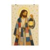 Light of the World Poster | Jesus Holding Lantern Lantern Wall Art | Patchwork Quilt Style Christian Print | Cozy Folk Art Religious Decor