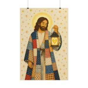 Light of the World Poster | Jesus Holding Lantern Lantern Wall Art | Patchwork Quilt Style Christian Print | Cozy Folk Art Religious Decor