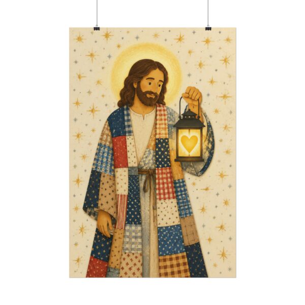 Light of the World Poster | Jesus Holding Lantern Lantern Wall Art | Patchwork Quilt Style Christian Print | Cozy Folk Art Religious Decor