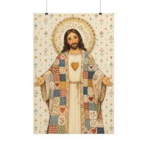 Sacred Heart Jesus Poster | Cute Open Arms Christ Wall Art | Patchwork Quilt Style Christian Print | Folk Art Religious Nursery Kids Decor