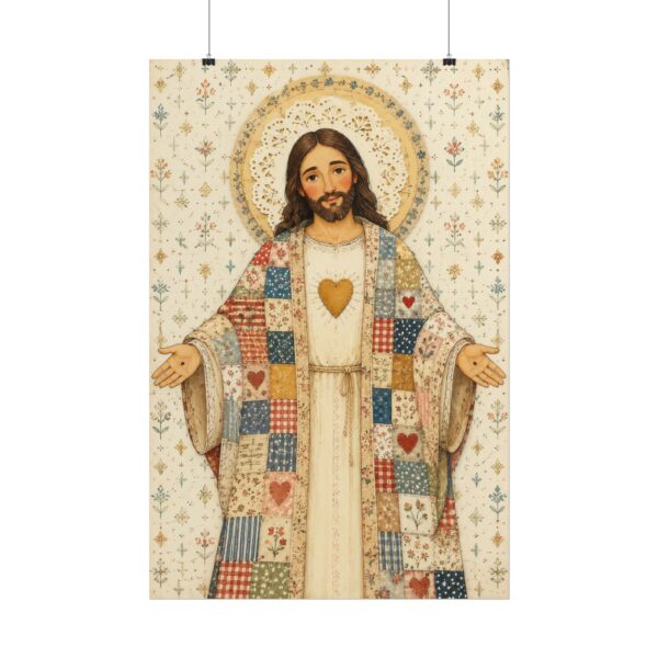 15999808577196854455_2048.jpeg Sacred Heart Jesus Poster | Cute Open Arms Christ Wall Art | Patchwork Quilt Style Christian Print | Folk Art Religious Nursery Kids Decor