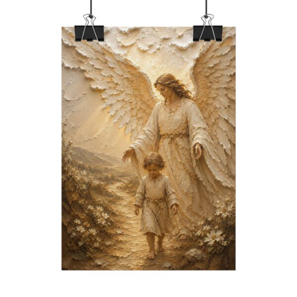 16017019436517606492_2048.jpeg The Guardian Angel Poster | Modern Nursery & Kids Room Wall Art | Textured Palette Knife Plaster Print | Warm Beige and Gold Decor