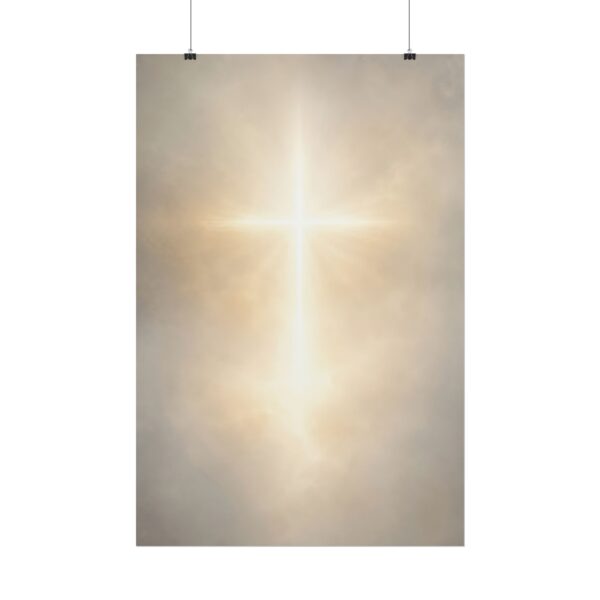 Glowing Christian Cross Wall Art Poster, Ethereal Light in Clouds Spiritual Print, Modern Religious Faith Home Decor, Divine Christian Gift