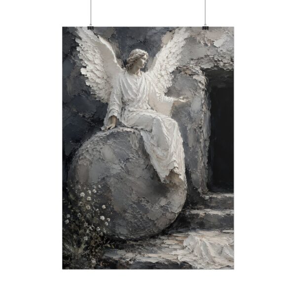 16557154447153509708_2048.jpeg The Angel at the Empty Tomb Poster | Modern Easter Resurrection Wall Art, Textured Palette Knife Plaster Print, Gray & White Christian Decor