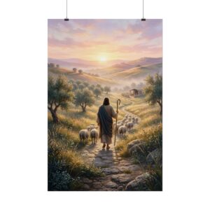 The Good Shepherd Wall Art, Jesus and Sheep Poster, Christian Home Decor, Psalm 23 Art Print, Biblical Landscape Sunrise Painting
