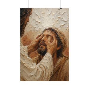 Healing of the Blind Man Poster | John 9 Christian Miracle Wall Art | Textured Palette Knife Print | Warm Terracotta & Beige Faith Decor