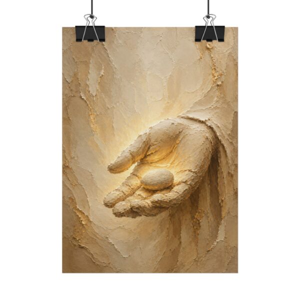 17068085227552247282_2048.jpeg Davids Stone of Faith Poster | Modern Minimalist Christian Wall Art, Textured Palette Knife Plaster Print, Boho Beige & Gold Scripture Decor