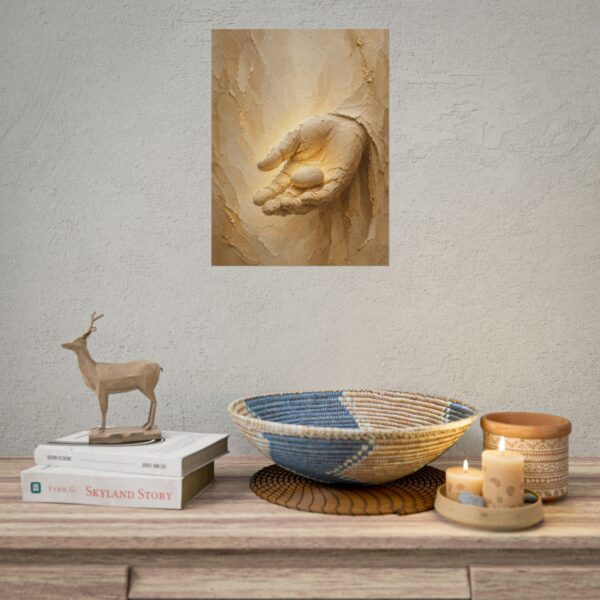 17095826828900986521_2048.jpeg Davids Stone of Faith Poster | Modern Minimalist Christian Wall Art, Textured Palette Knife Plaster Print, Boho Beige & Gold Scripture Decor