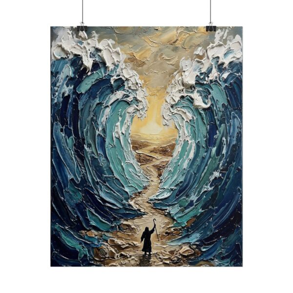 17171610337143875735_2048.jpeg Parting of the Red Sea Poster | Moses Exodus Christian Wall Art | Textured Palette Knife Blue & Gold Print | Old Testament Miracle Decor