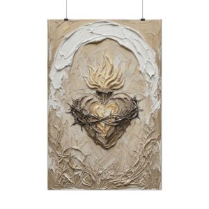Sacred Heart of Jesus Poster | Modern Beige & Gold Catholic Wall Art | Textured Palette Knife Plaster Print, Immaculate Heart Christian Gift