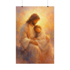 Jesus and Child Wall Art, Jesus Holding a Sleeping Child Painting Poster, Modern Christian Art, Nursery Faith Print, Religious Comfort Gift