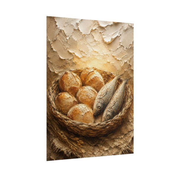 17550698124698736877_2048.jpeg Loaves and Fishes Poster | Matthew 14 Miracle Wall Art | Textured Palette Knife Plaster Print | Warm Oatmeal & Beige Farmhouse Faith Decor