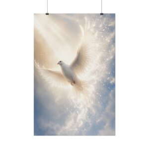 Holy Spirit Dove Wall Art, Glowing White Dove Poster Print, Radiant Religious Sky Painting, Christian Faith Decor, Confirmation Baptism Gift