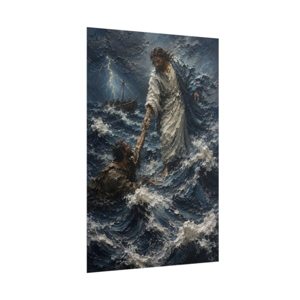 18028043545402150467_2048.jpeg Walking on Water Jesus Poster | Matthew 14:27 Christian Wall Art | Moody Prussian Blue Storm Print | Textured Palette Knife Faith Home Decor