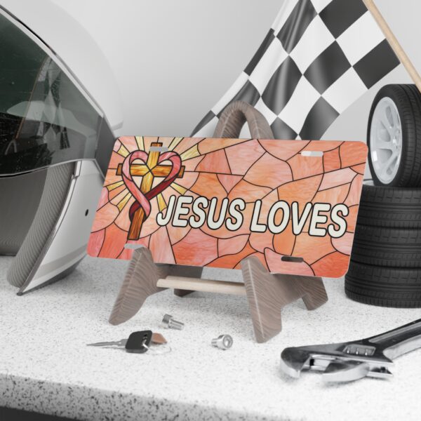 18175340783922934850_2048.jpeg Jesus Loves Vanity Plate | Cross Heart Stained Glass Design