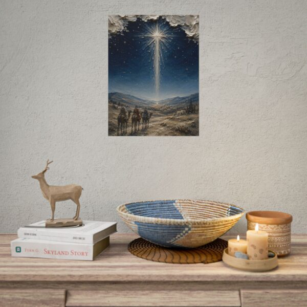 Star of Bethlehem Wise Men Poster | Modern Midnight Blue Nativity Wall Art | Textured Palette Knife Christmas Print | Holiday Faith Decor