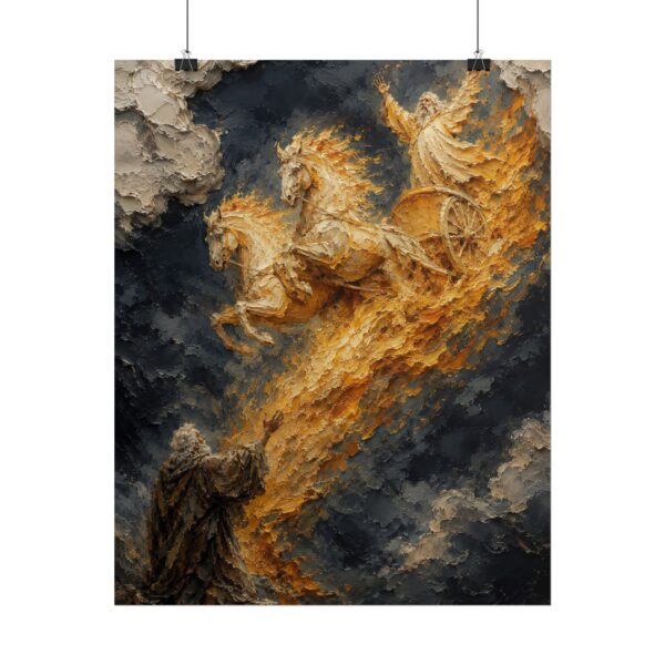 Elijah Chariot of Fire Poster | Modern Charcoal & Gold Christian Wall Art, Textured Palette Knife Plaster Print, Old Testament Miracle Decor