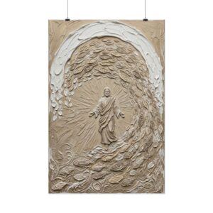 Miraculous Catch of Fish Poster | Modern Beige Jesus Miracles Wall Art | Textured Palette Knife Plaster Print | Luke 5 Christian Home Decor