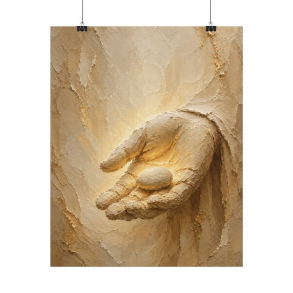 2068702805903808627_2048.jpeg Davids Stone of Faith Poster | Modern Minimalist Christian Wall Art, Textured Palette Knife Plaster Print, Boho Beige & Gold Scripture Decor