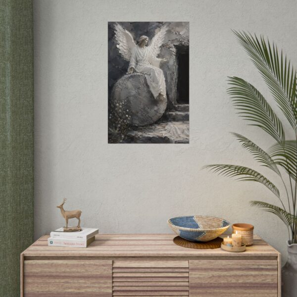 2129606535301543976_2048.jpeg The Angel at the Empty Tomb Poster | Modern Easter Resurrection Wall Art, Textured Palette Knife Plaster Print, Gray & White Christian Decor