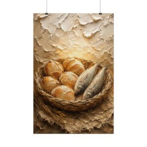 Loaves and Fishes Poster | Matthew 14 Miracle Wall Art | Textured Palette Knife Plaster Print | Warm Oatmeal & Beige Farmhouse Faith Decor