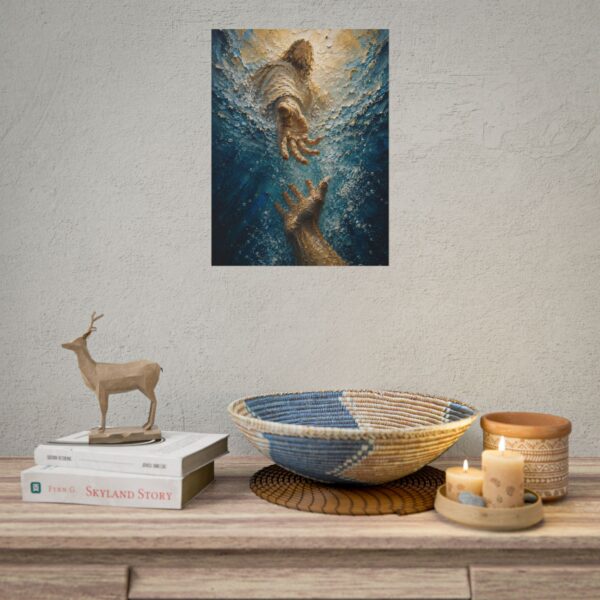 2245066208229004006_2048.jpeg Jesus Reaching Into Water Impasto Poster | The Hand of God Rescue Art | Christian Ocean Wall Decor | Textured Palette Knife Storm Print