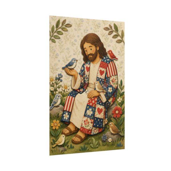 Jesus and Birds Poster | Cute Folk Art Christian Wall Art | Americana Patchwork Quilt Style Faith Print | Cozy Religious Nursery Kids Decor