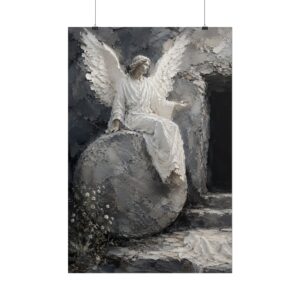 3724495853873608652_2048.jpeg The Angel at the Empty Tomb Poster | Modern Easter Resurrection Wall Art, Textured Palette Knife Plaster Print, Gray & White Christian Decor