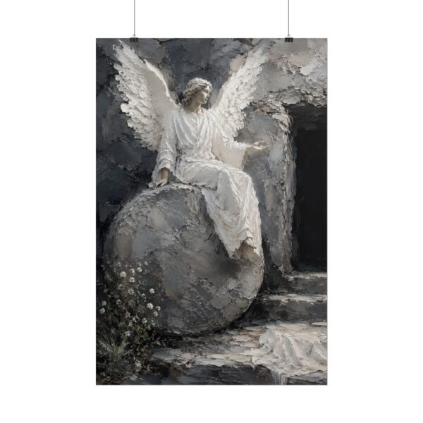 3724495853873608652_2048.jpeg The Angel at the Empty Tomb Poster | Modern Easter Resurrection Wall Art, Textured Palette Knife Plaster Print, Gray & White Christian Decor